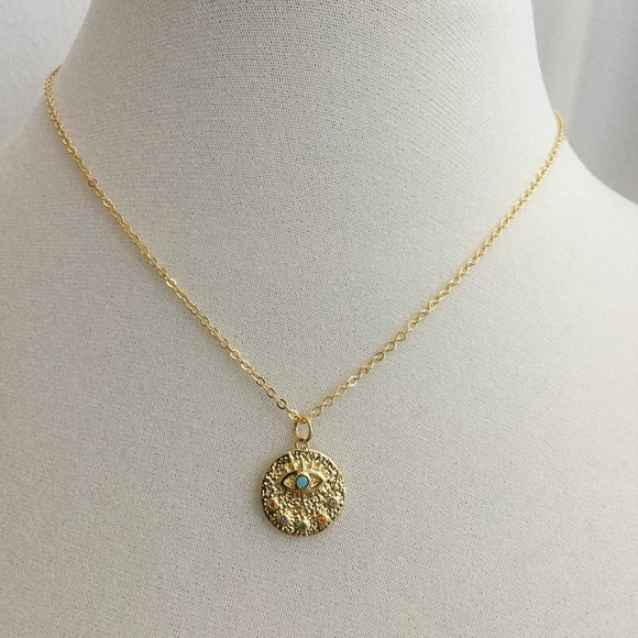 Small Evil Eye Multi Color Cubic Zirconia Turquoise Medallion Charm Necklace - Picture 5 of 5